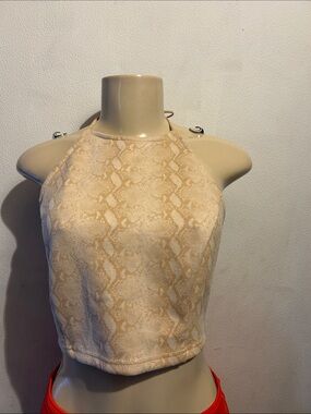 Honey Belle Beige Snake-Print Halter Crop Top